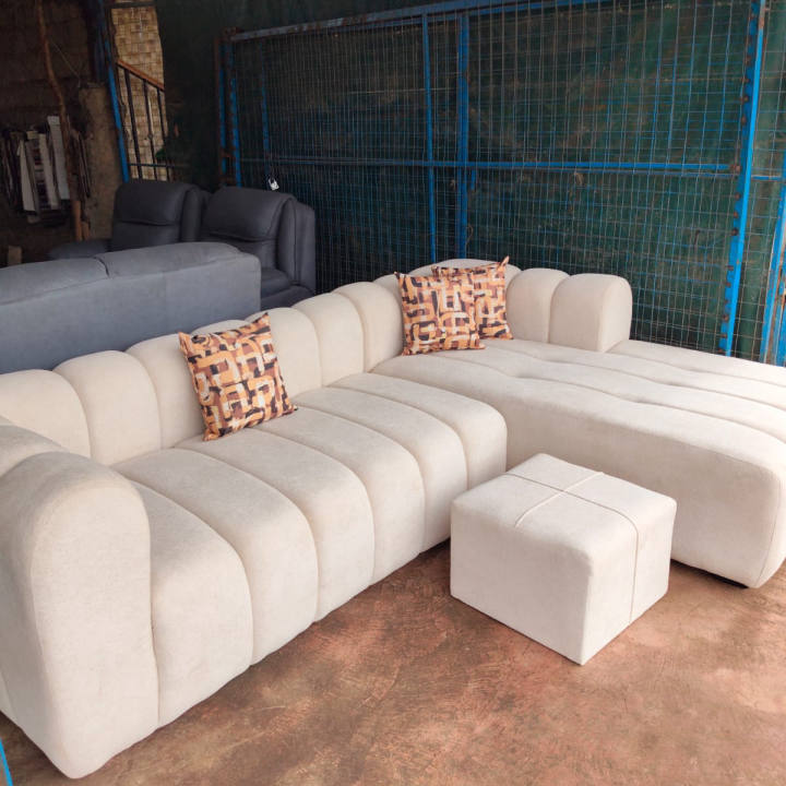 Ribbed Cream Sectional & Ottoman