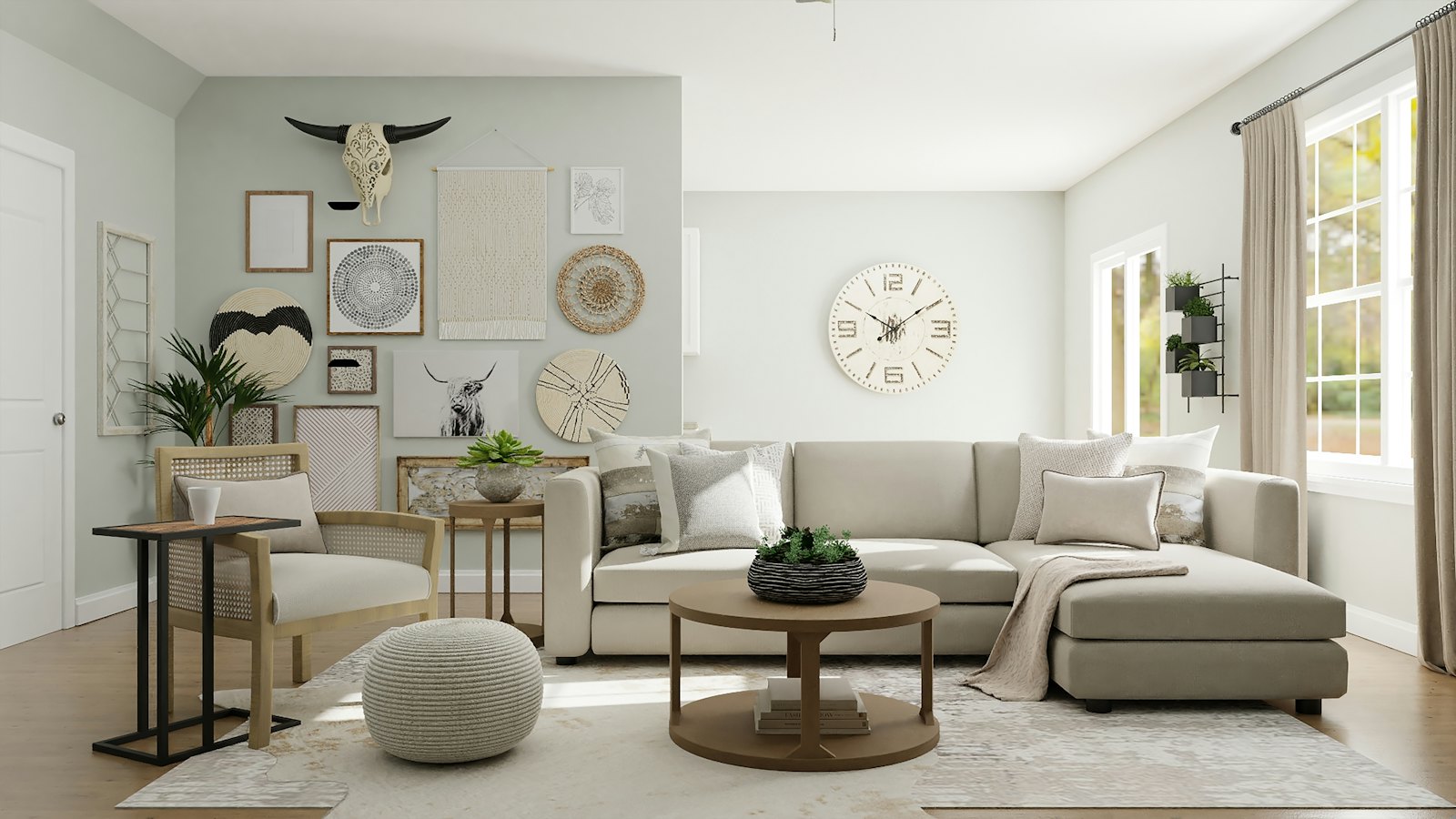 A warm, neutral living room with a cream sofa, woven textures and plants
