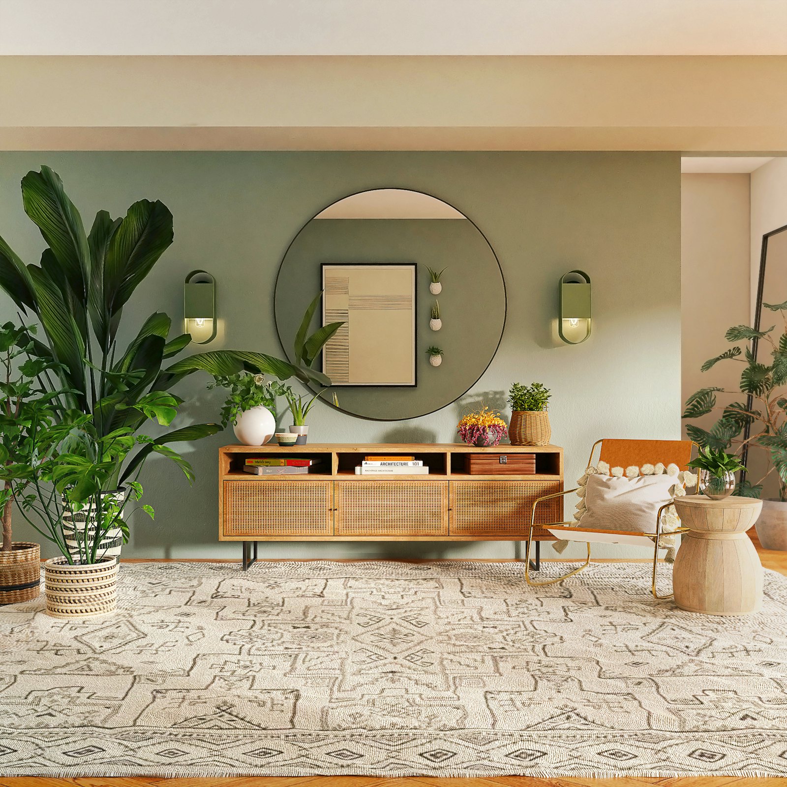 A styled living room with sage walls, round mirror and rattan accents
